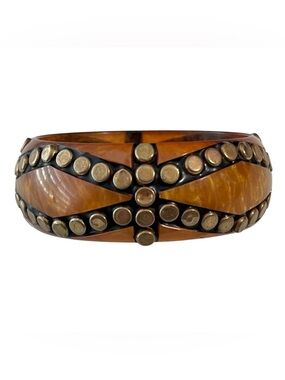 Bakelite Bangle Vintage Art Deco Catalin Chunky Carved Brass Stud Bracelet Amber